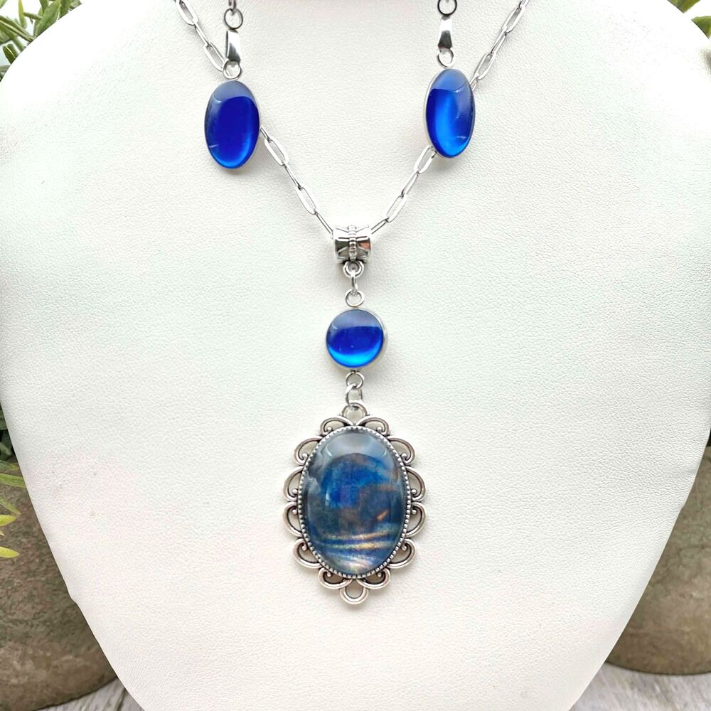 Silver Tone Blue Glass Pendant Necklace Set – Handmade